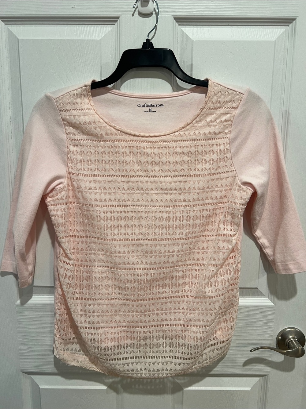 Croft & Barrow Pale Pink Lace-Front Three-Quarter Sleeve Blouse
